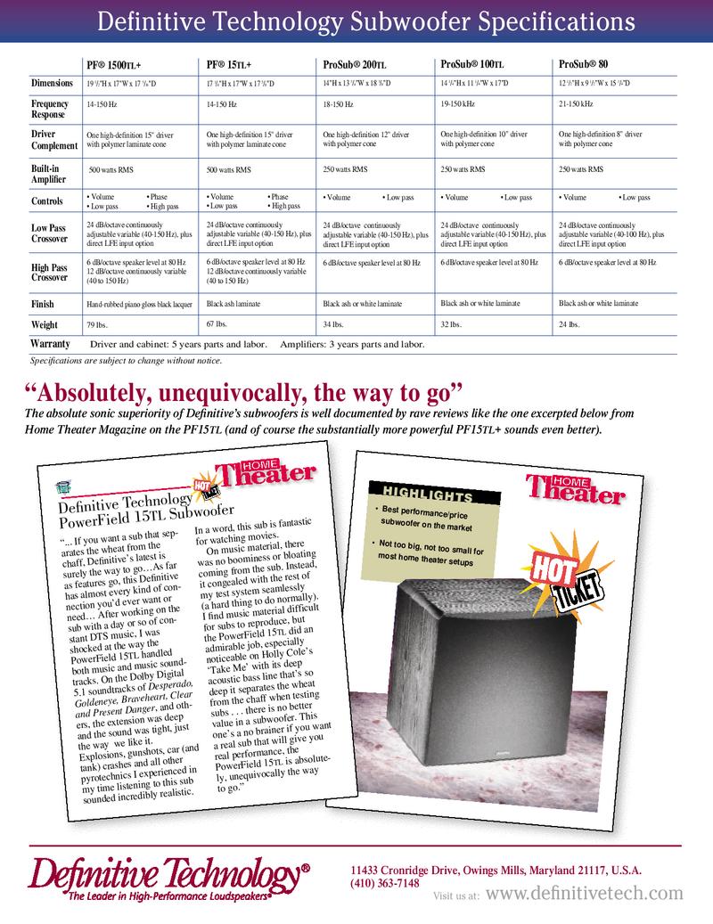 definitive technology powerfield 15 subwoofer manual
