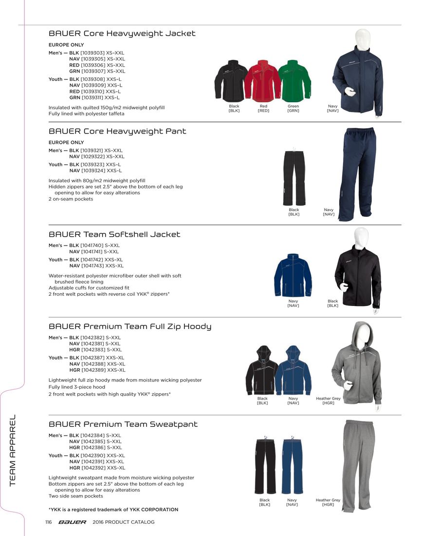 Bauer Apparel Sizing Chart