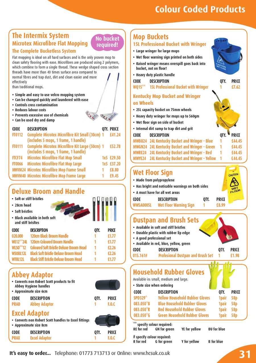 Colour Red Professional Colour Coded Mop Handle and 2 Mop Heads
