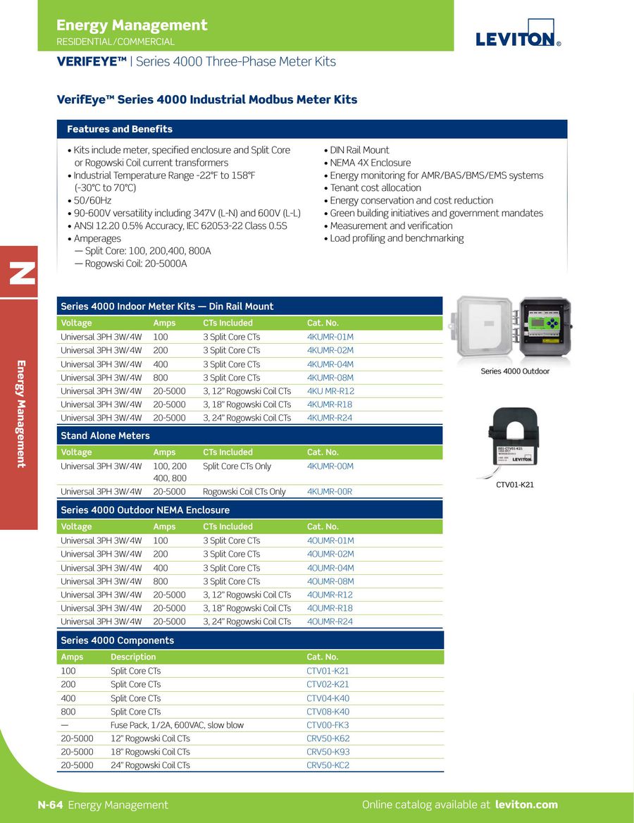 Leviton 3OUBM-50M VerifEye Series 3300 BACnet MS//TP Outdoor Meter Kit with 3 Split Core CTs 5000-Amp