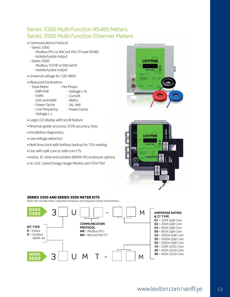 800-Amp Leviton VerifEye Series 3300 Modbus RTU Indoor Meter Kit with 3 Split Core CTs