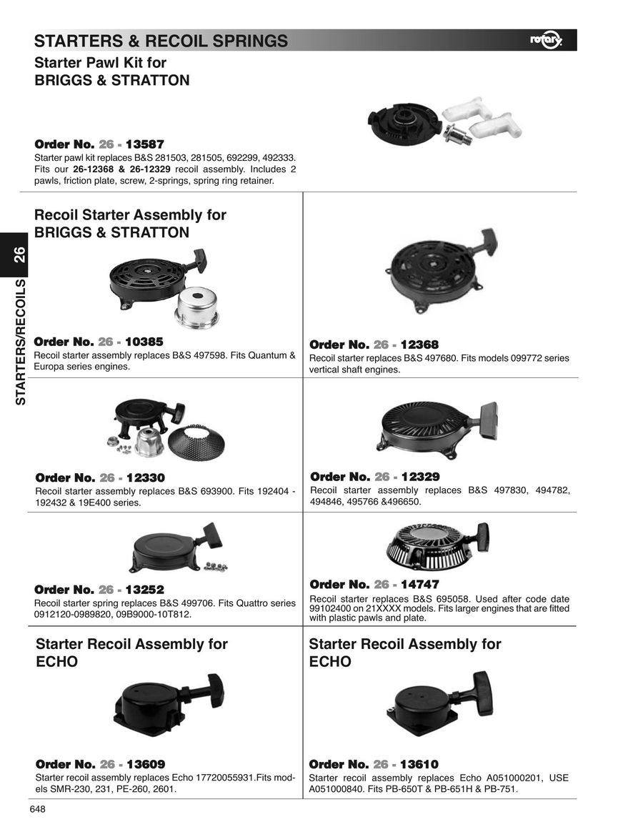 Rotary 13587 Rewind Starter Repair Kit For Briggs /& Stratton, Includes friction plate with 2 springs, ...