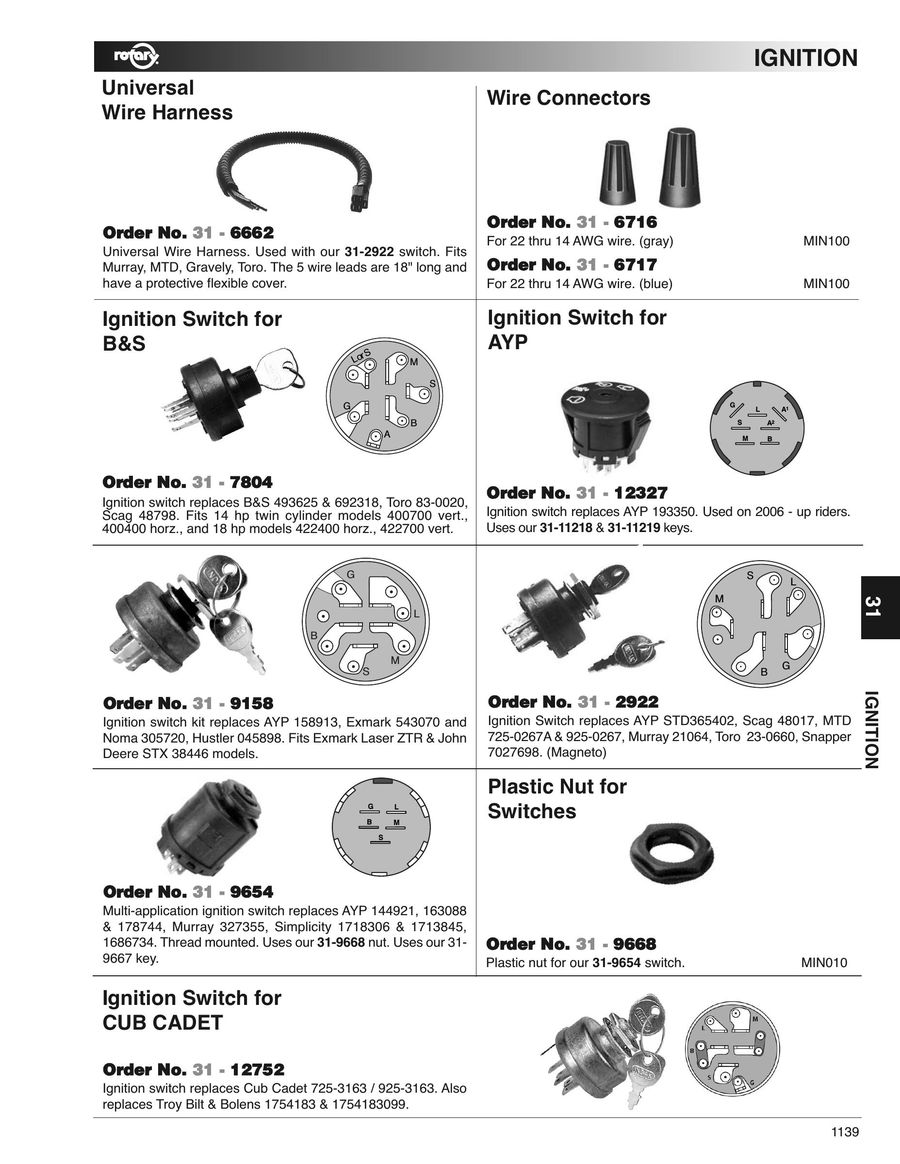 Troy Bilt 12752 Ignition Switch for Cub Cadet Bolens MTD