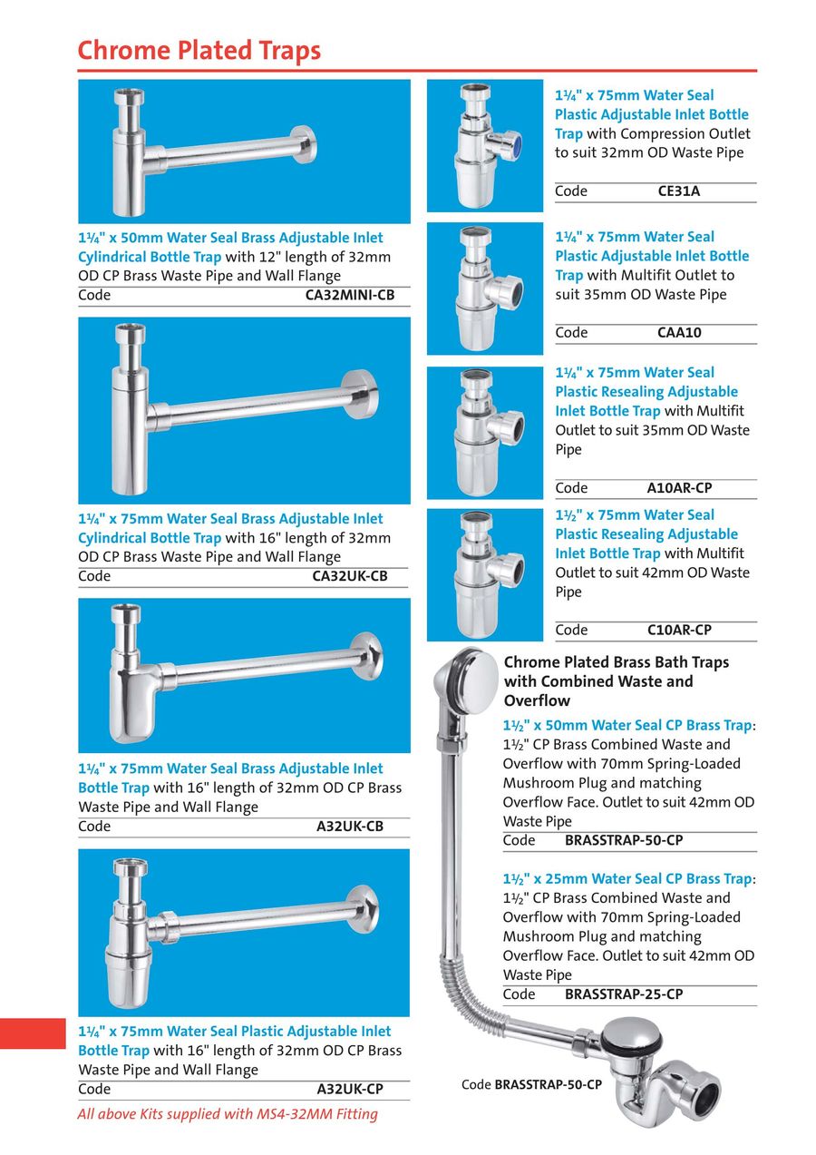 McAlpine Chrome Plated Basin Traps All Styles /& Shapes Pipe And Wall Flange