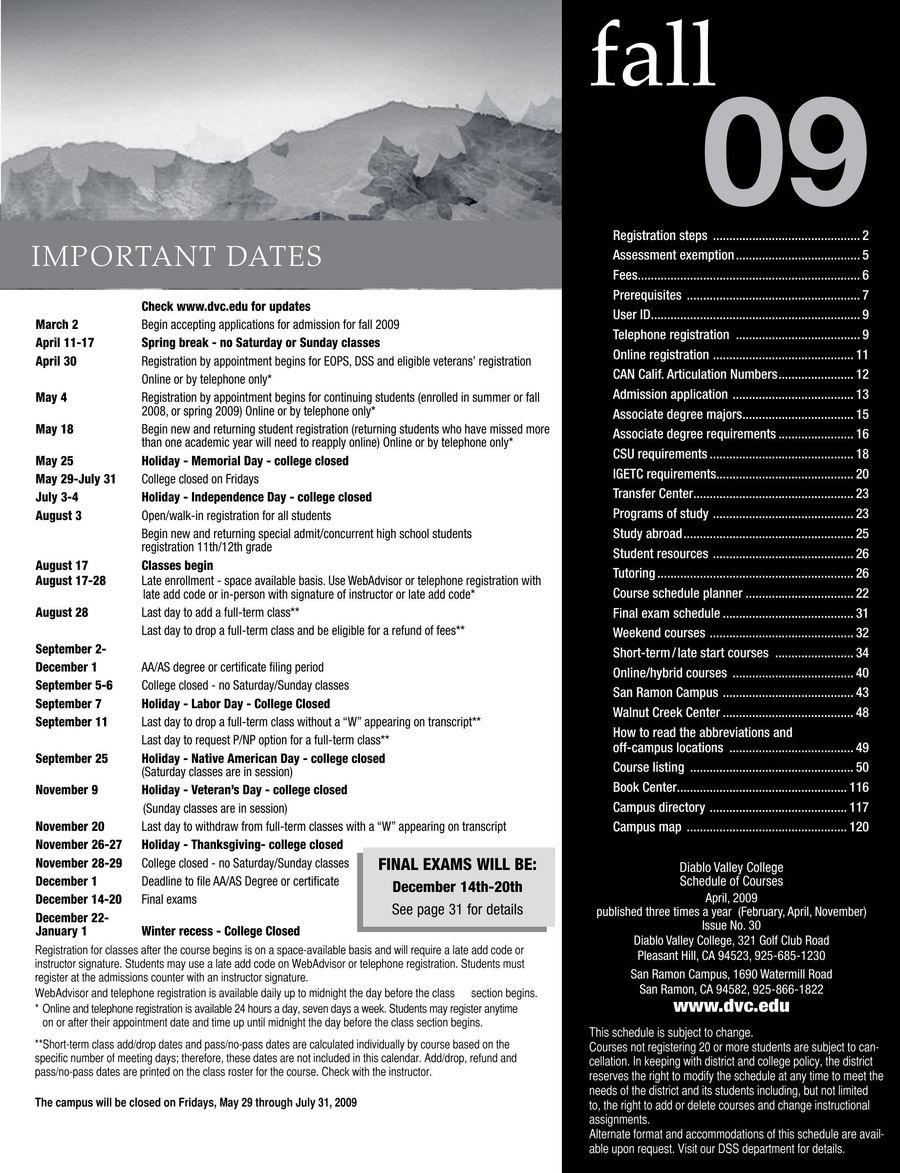 fall 2009 print schedule by diablo valley college
