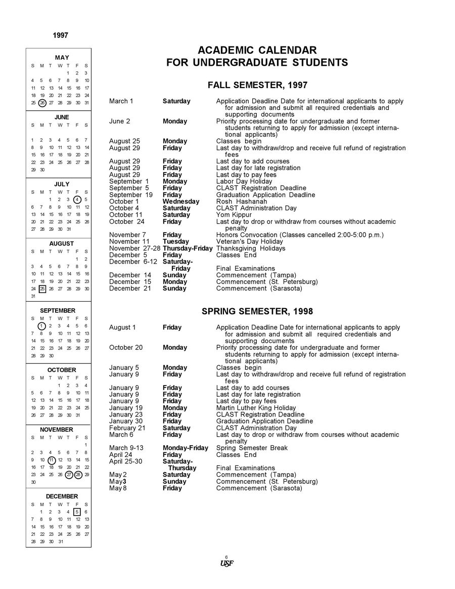 1997 1998 Undergraduate Academic Calendar By Usf University Of South Florida